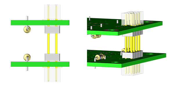 visuel 3d qui illustre deux cartes électroniques assemblées en vue de profil et vue de face